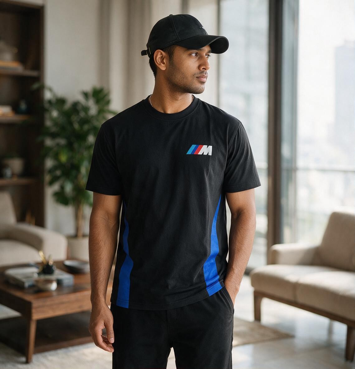 Balluci BMW M Sport-Inspired Racing Tee — Premium Black Cotton Tricolour Stripe
