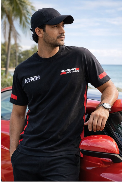 Balluci Ferrari-Inspired Racing Tee — Premium Black Cotton Red Stripe