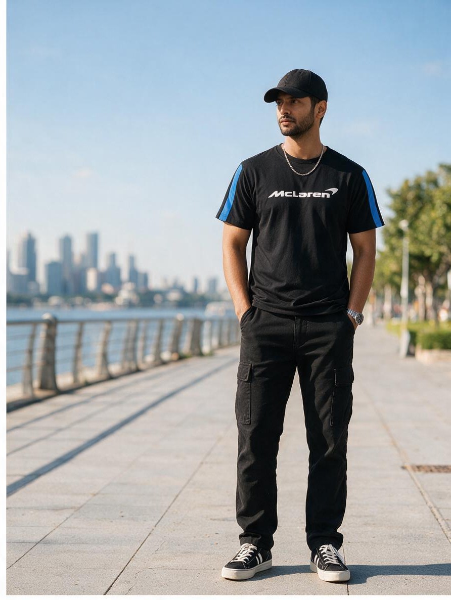 Balluci McLaren-Inspired Racing Tee — Premium Black Cotton Blue Stripe