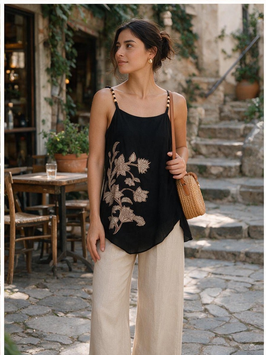 Black Floral Print Cami Top