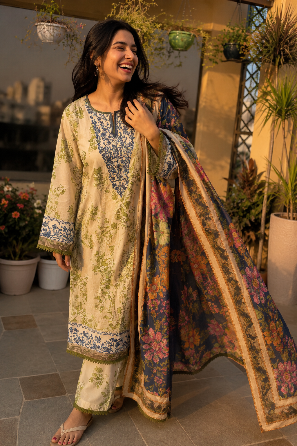 Cream Sage Floral Mul Cotton Suit with Black Dupatta | 3-Piece