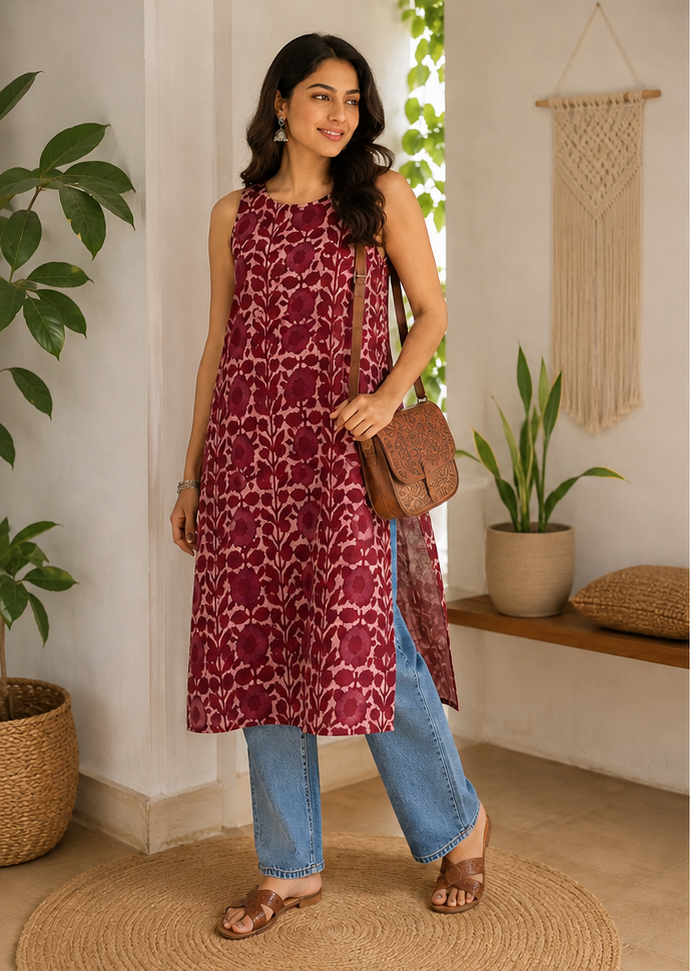 Hand-Dyed Batik Rose Floral Kurta – Pure Cotton
