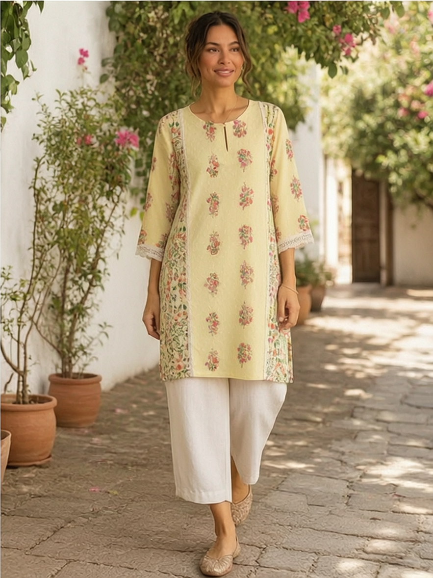 Lemon Yellow Floral Kurta — W