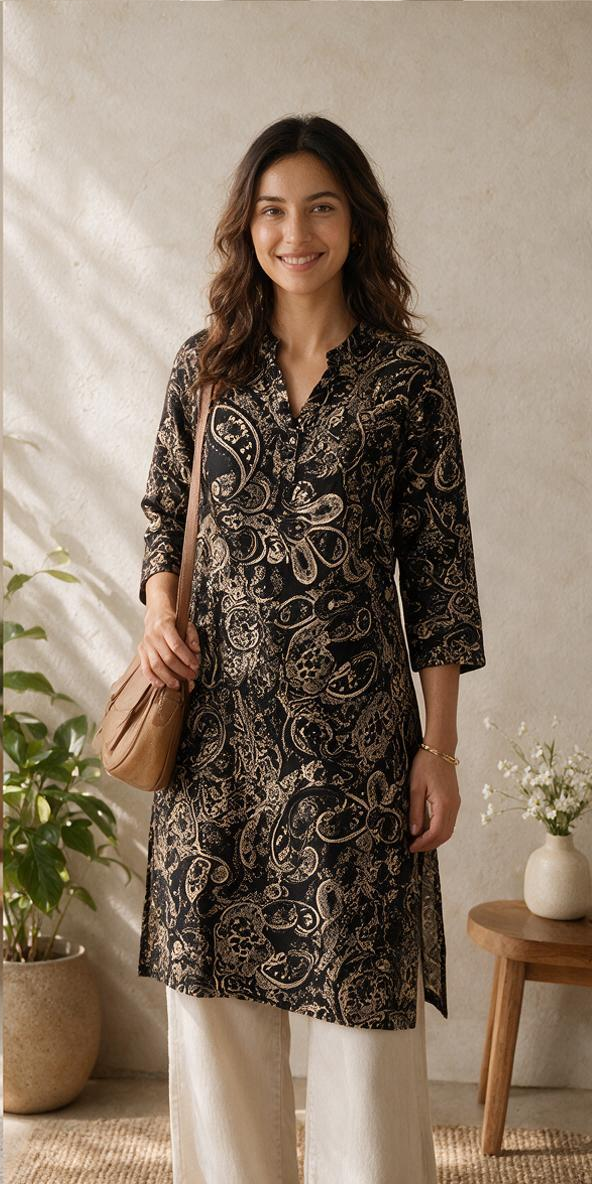 Mamoose Black & Gold Paisley Print Kurta