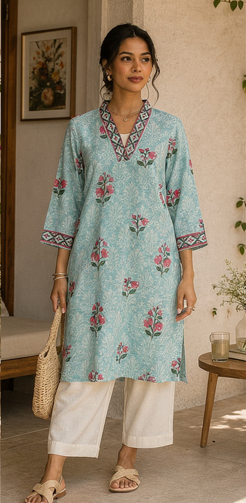 Max Fashion Aqua Floral Printed Kurta