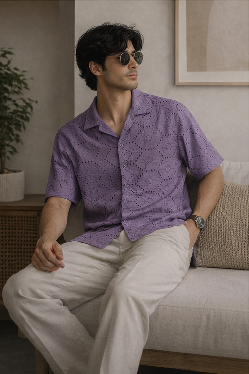 Max Urban Lavender Eyelet Cotton Camp Collar Shirt