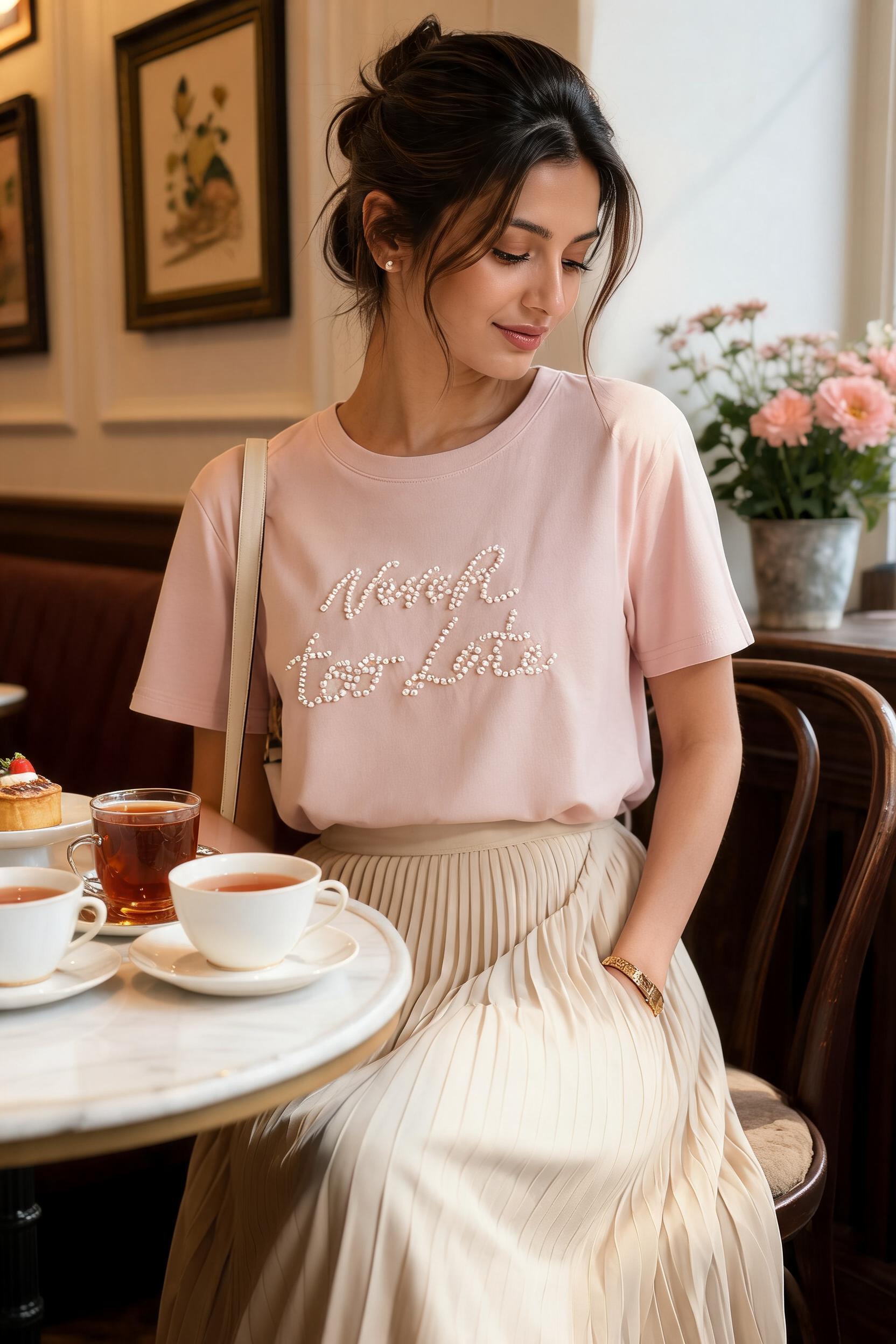 Odette Pearl Embellished Graphic T-Shirt – Blush Pink