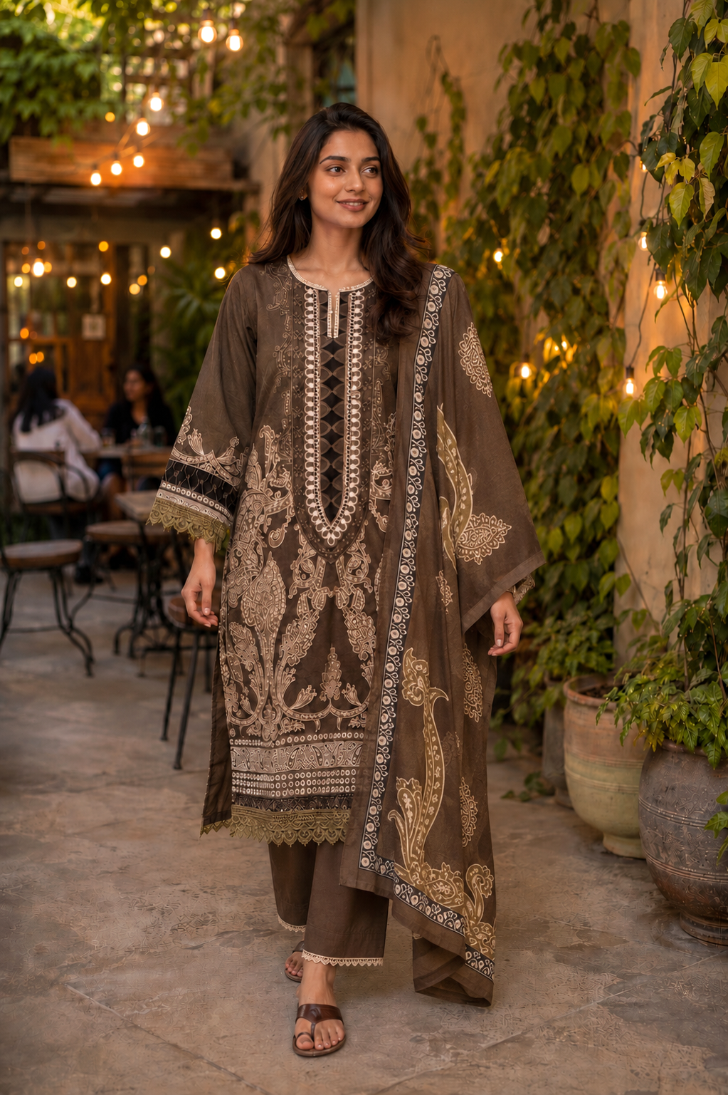 Olive Brown Paisley Mul Cotton Suit | 3-Piece