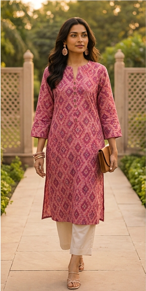 Pink Geometric Ikat Print Kurta