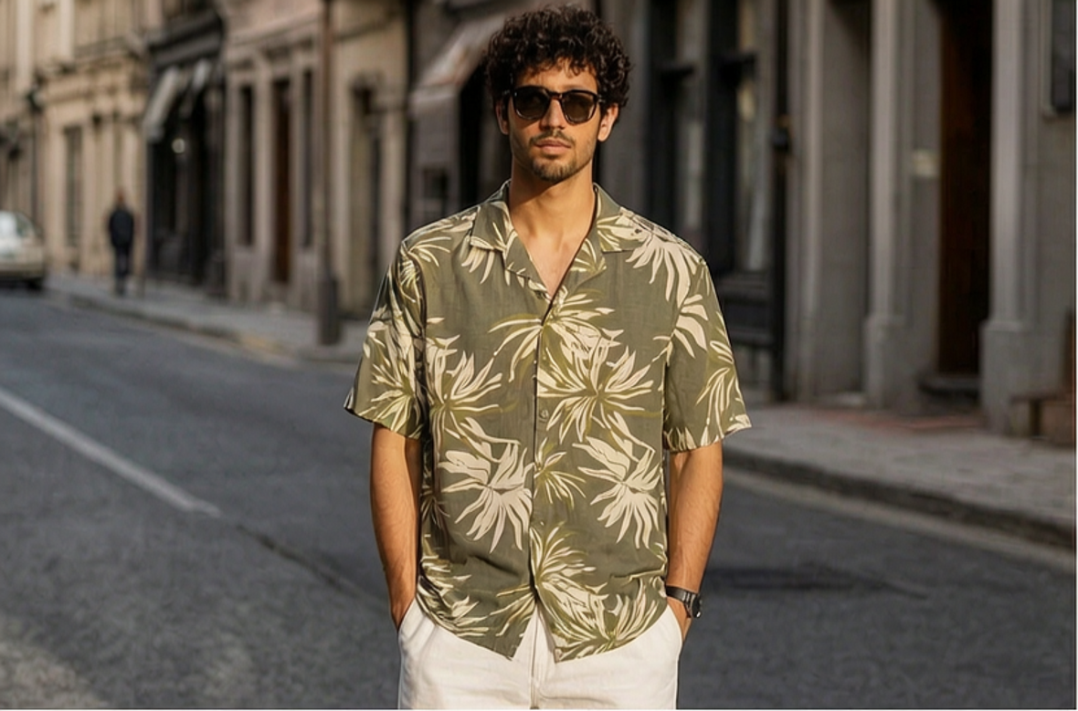 People Tropical Olive Palm Print Resort Shirt