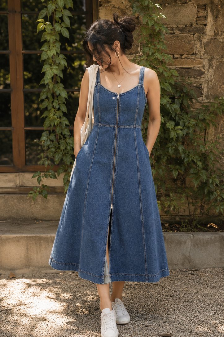 Zip-Front Denim A-Line Midi Dress with Corset Seaming