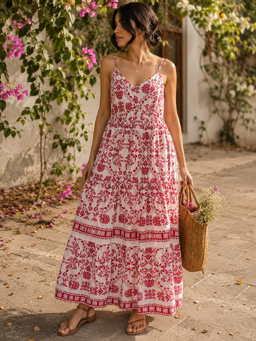 Red & White Floral Print Tiered Maxi Dress