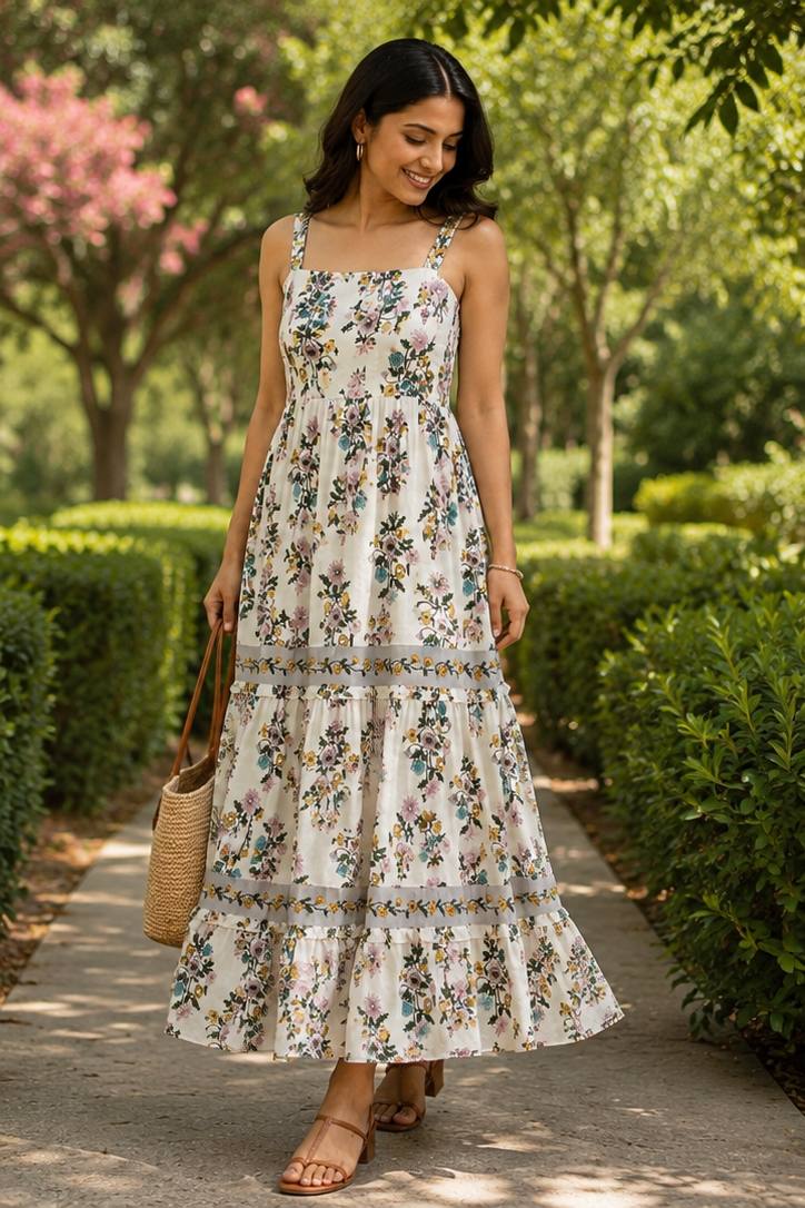 Floral Tiered Maxi Sundress – Smocked Cotton Summer Dress