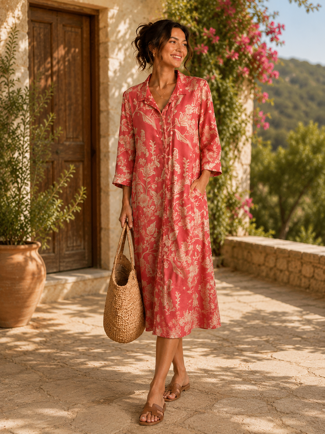 Coral Floral Satin Shirt Dress