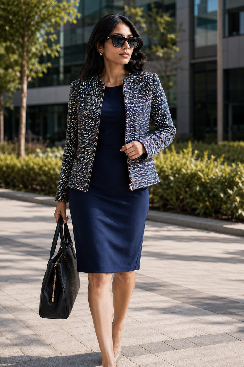 Pramod Multicolor Tweed Jacket | Zip-Front Boucle Blazer, Fuchsia Lining