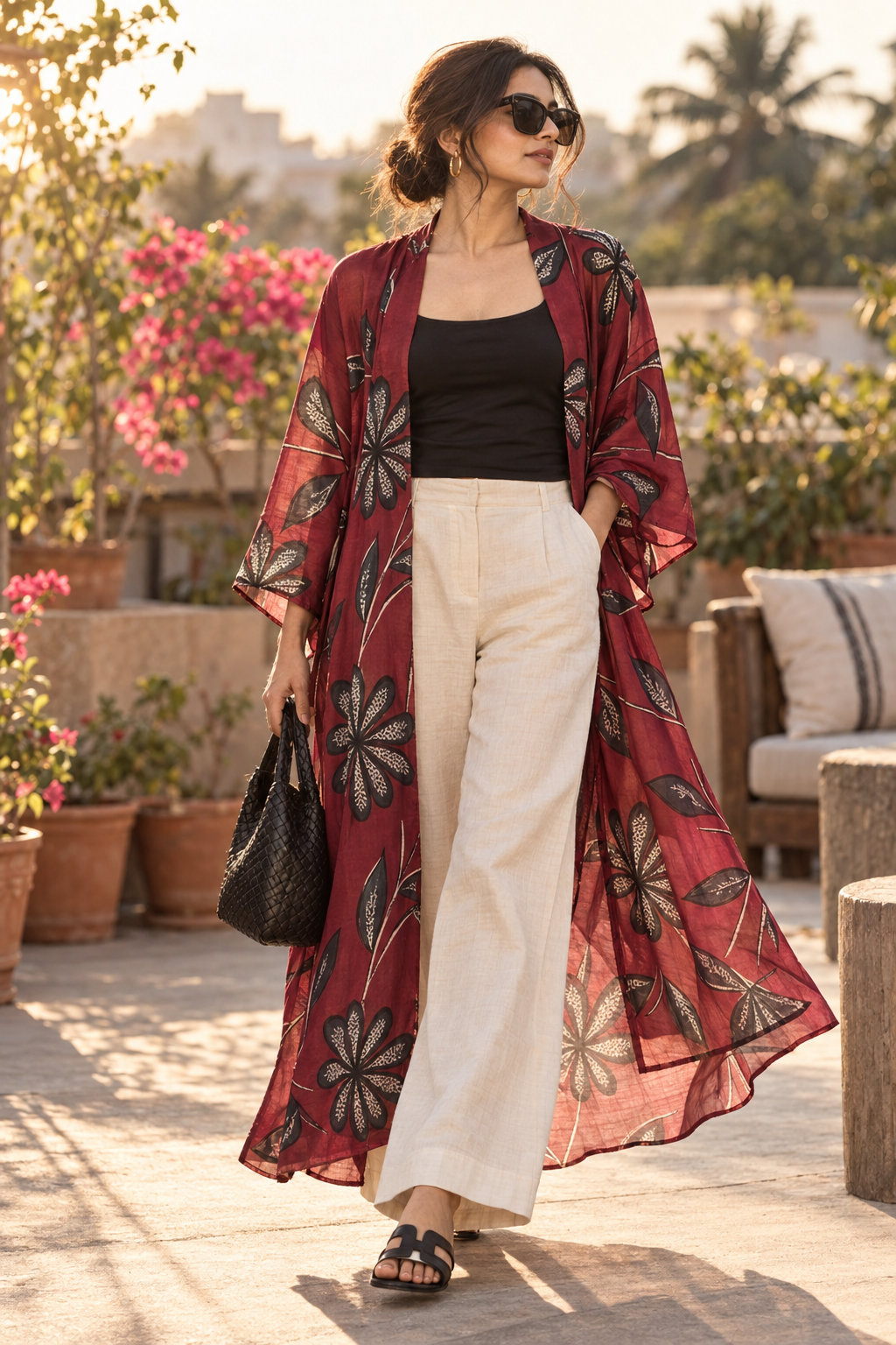 Midnight Bloom Long Kimono Duster — Habutai Silk
