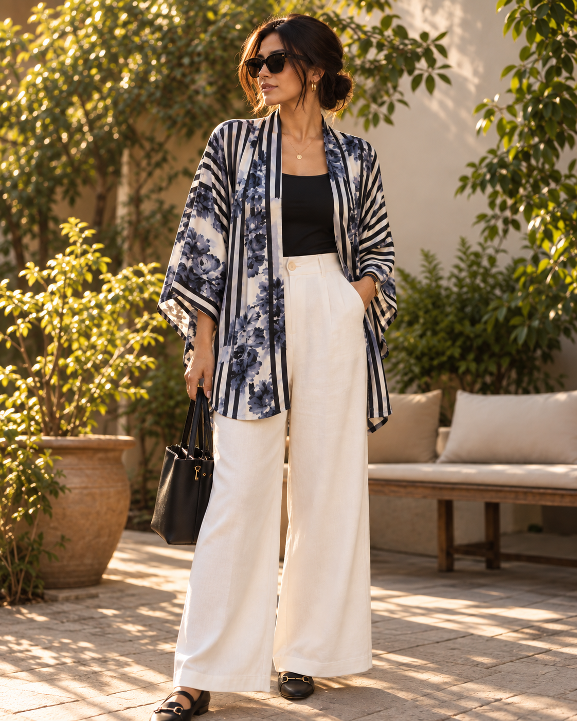 Indigo Bloom Kimono Jacket — Striped Floral |