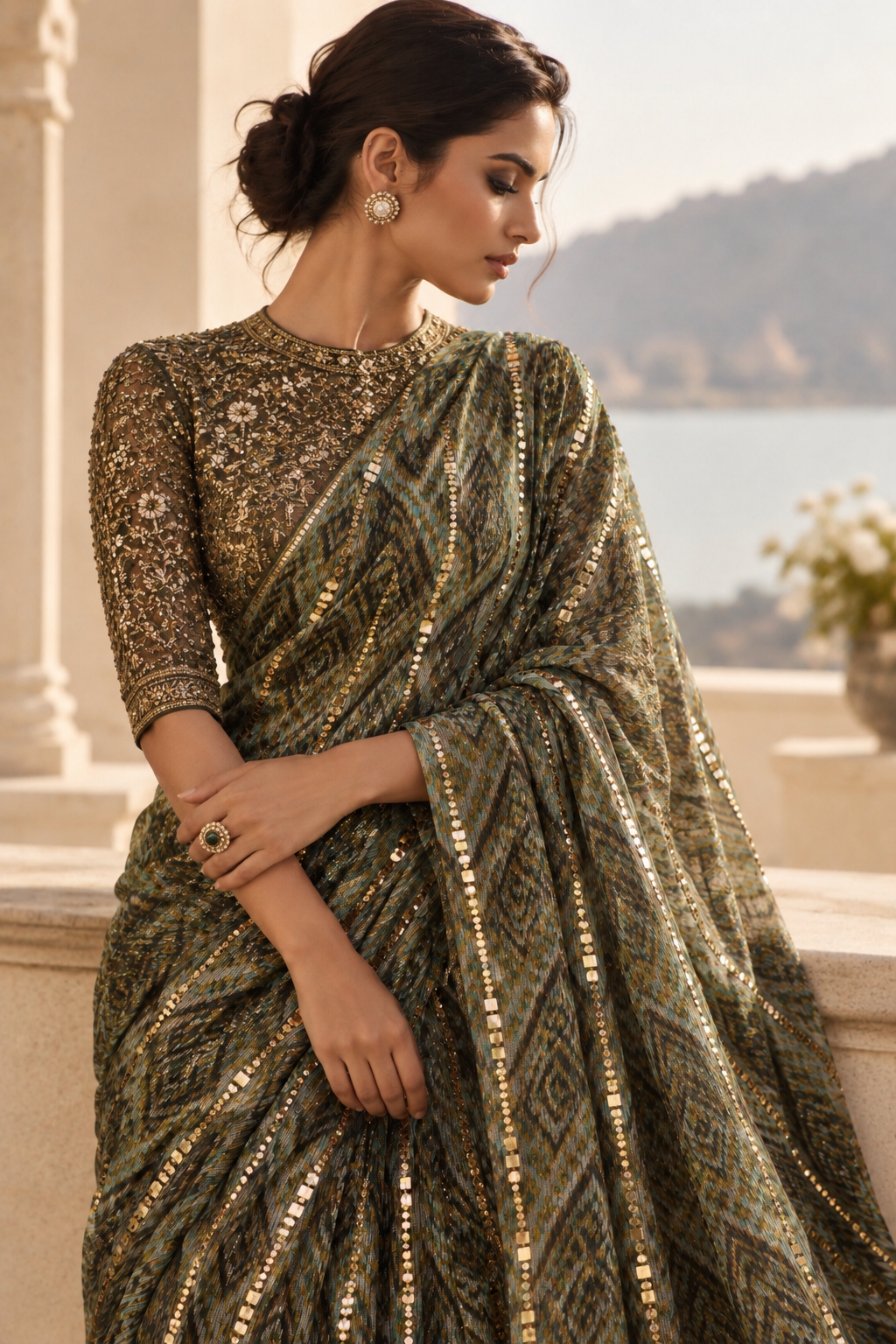 Olive Green Ikat Print Sequin-Embellished Saree