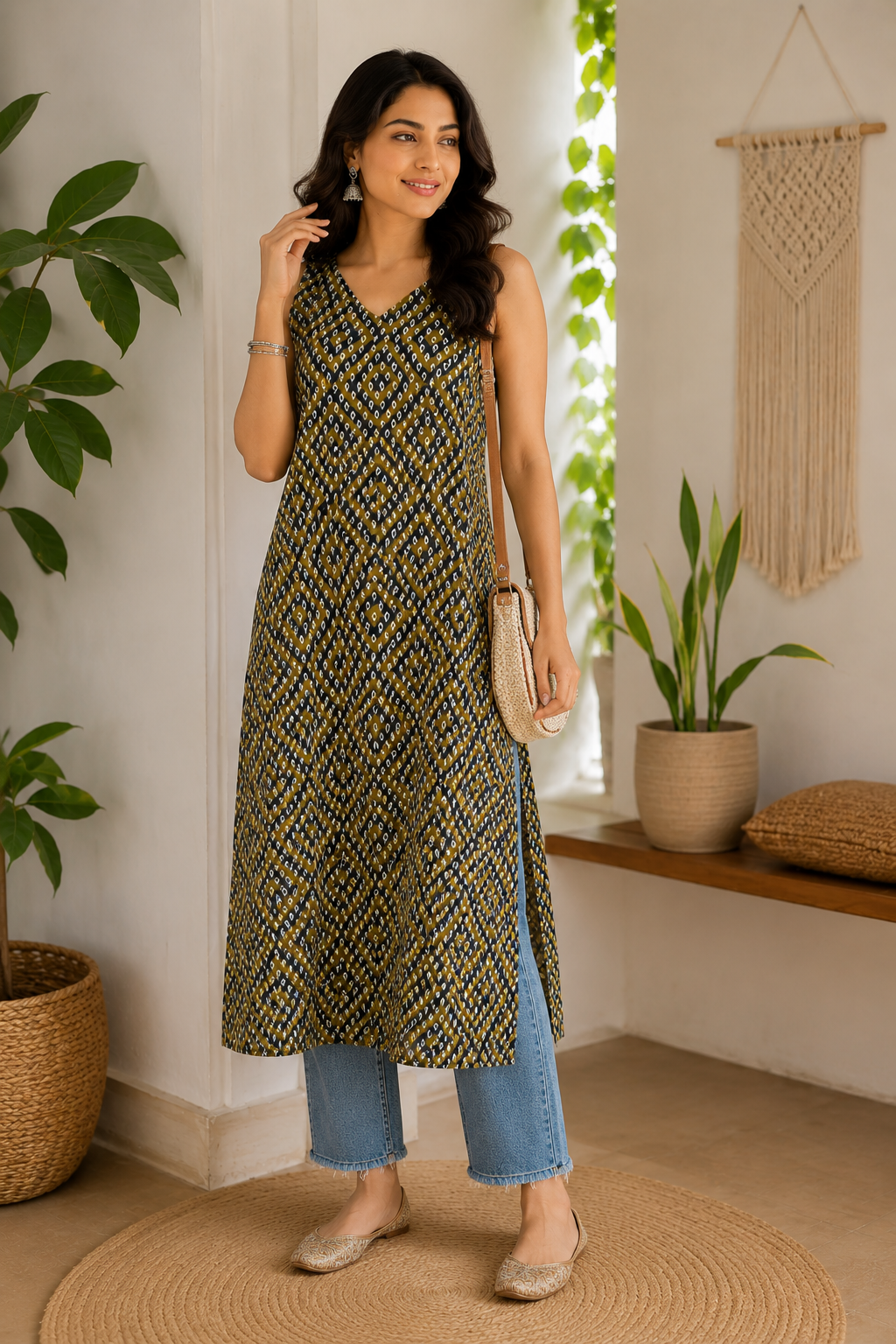 Indigo & Green Ikat Chevron Kurta- Pure Cotton