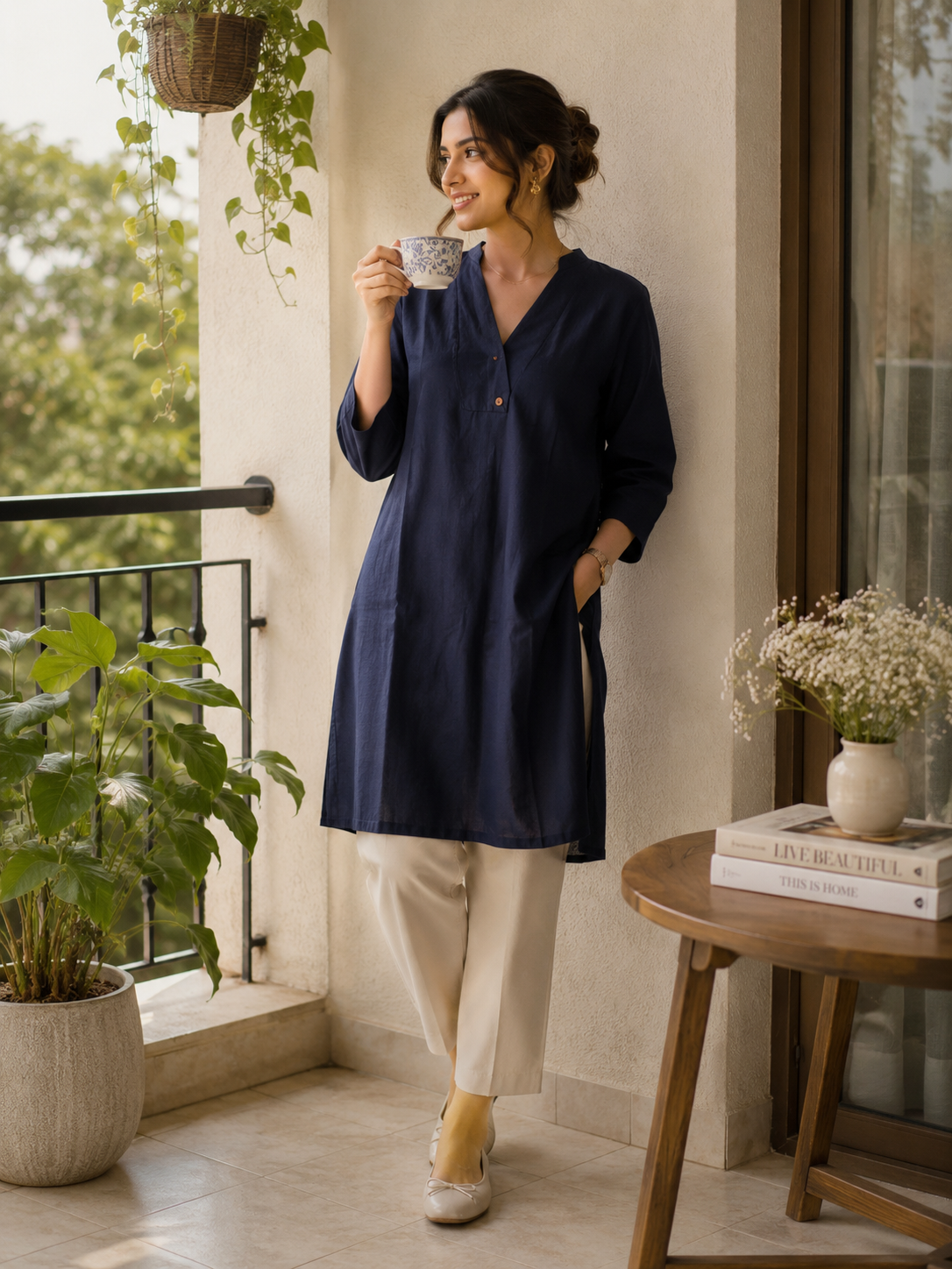 Mamoose Navy Blue Solid Linen-Look Longline Kurta