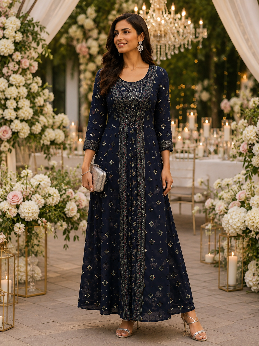 W Navy Blue Ethnic Printed Jumpsuit with Sequin Detail