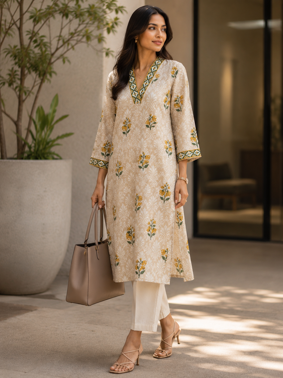 Off-White Mughal Floral Block Print Kurta