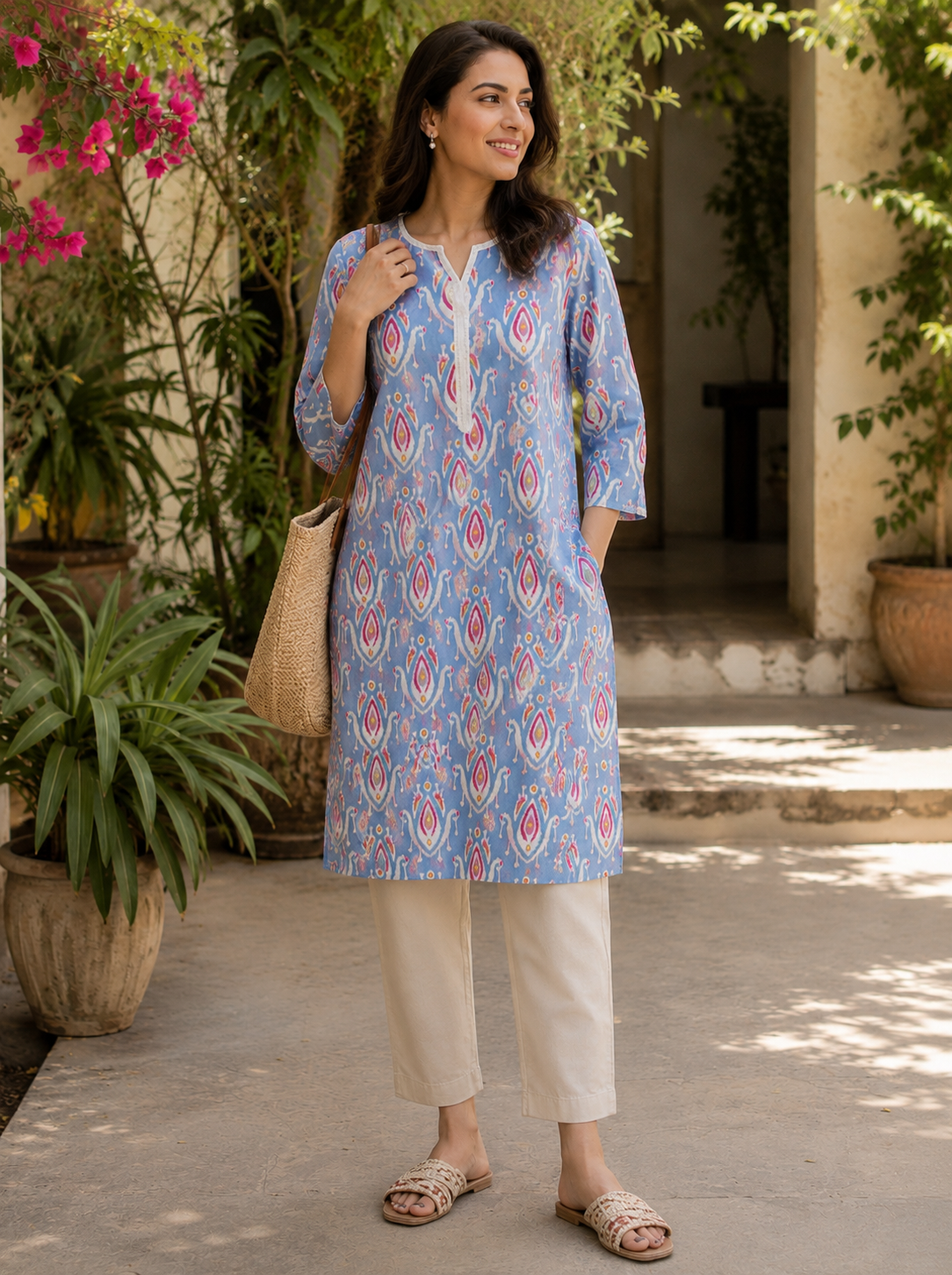 Sky Blue Ikat Print Cotton Kurta