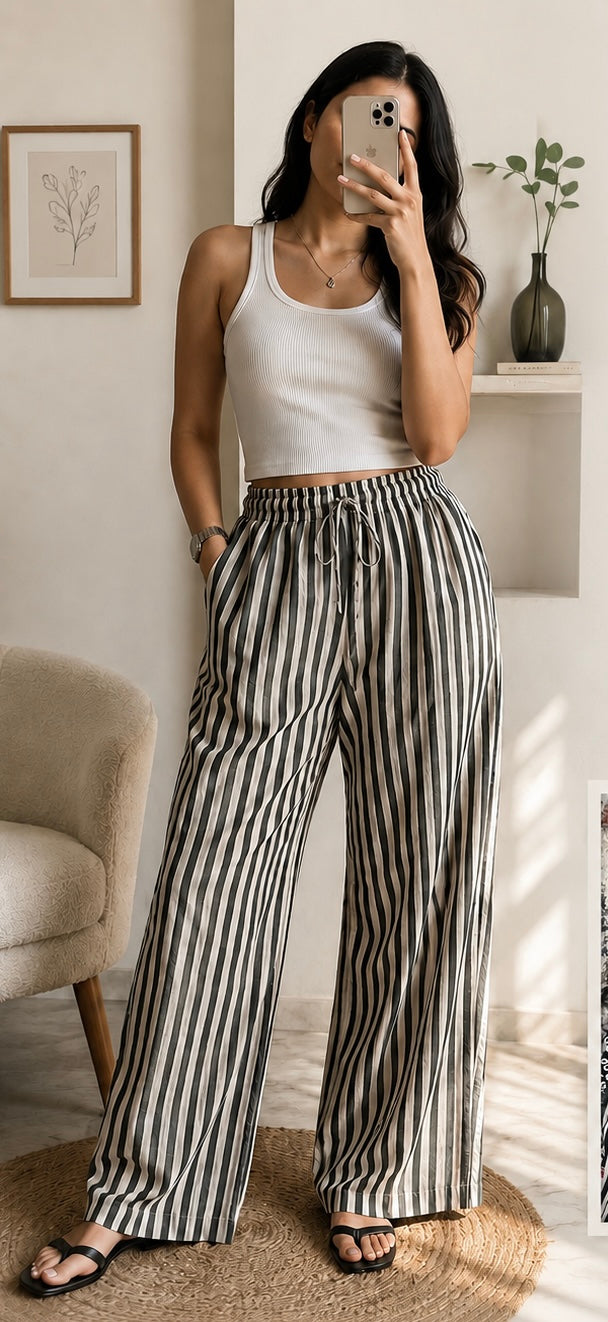 Green & White Striped Wide Leg Pants