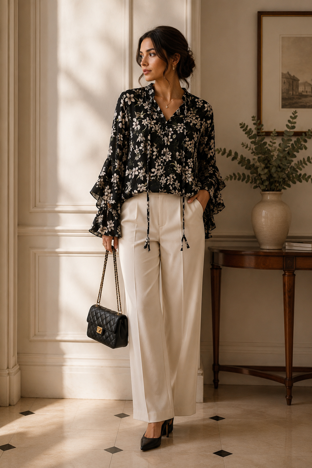 OOrchin Floral Ruffle Bell Sleeve Top