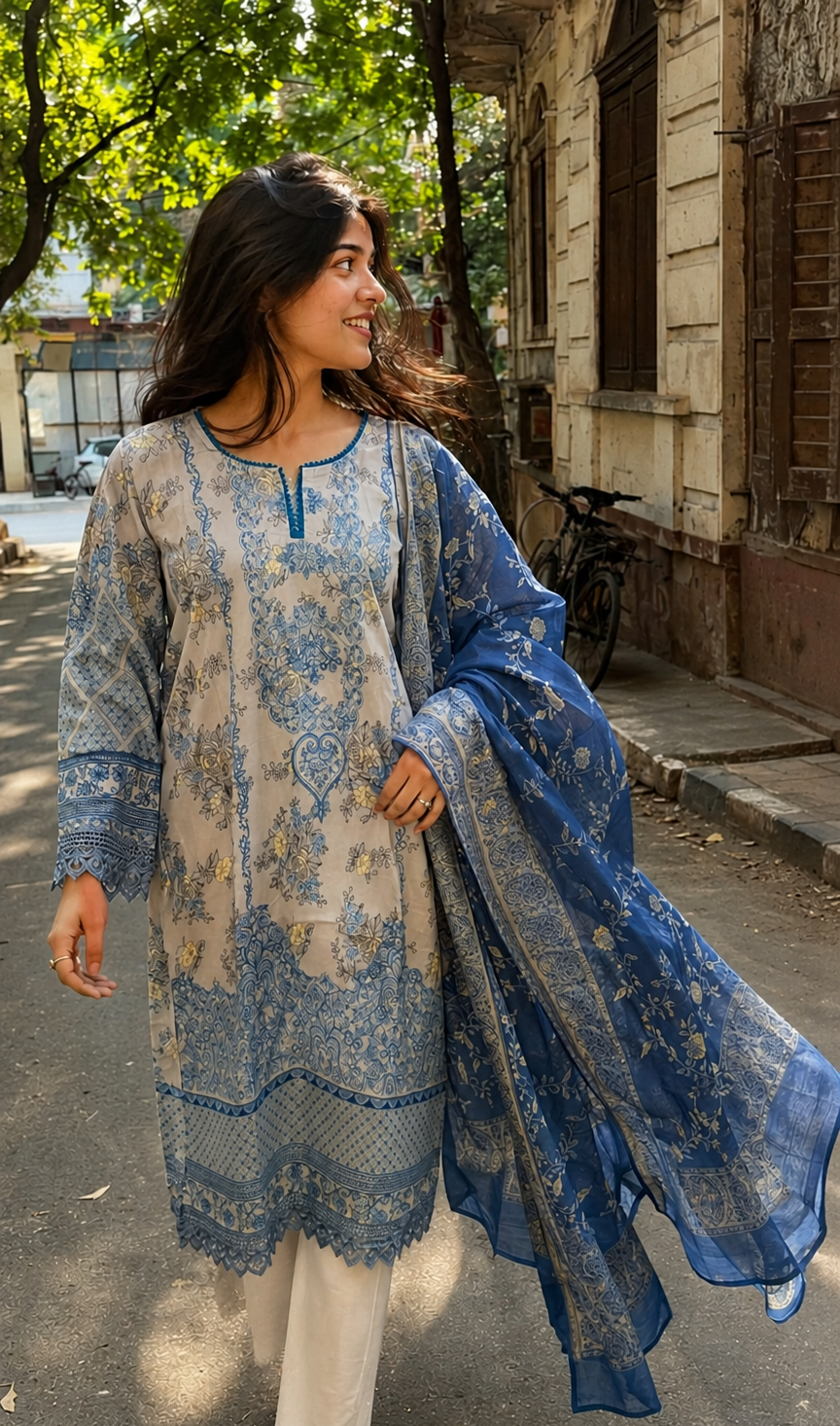 Grey Blue Floral Heart Motif Mul Cotton Suit | 2-Piece